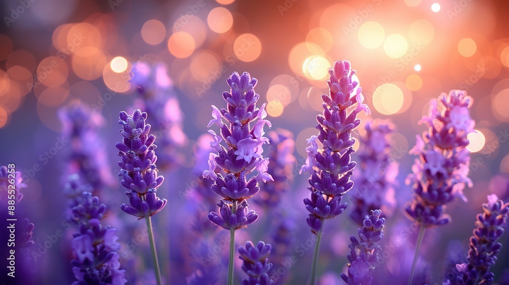 Poster a field of lavender flowers illuminated by the sunlight filtering through the hazy bokeh of the back
