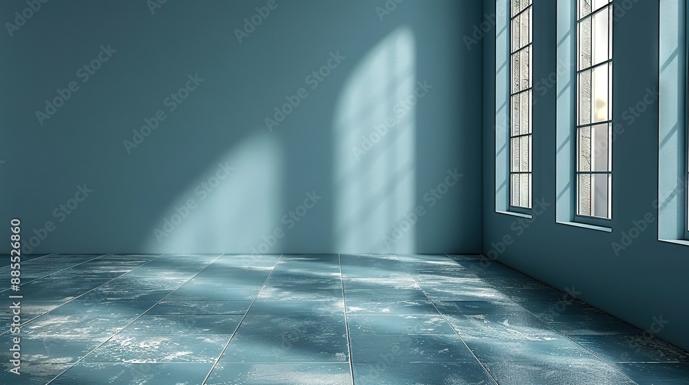 Poster an empty room with three windows and a tile floor in the middle is now a blue wall with three window