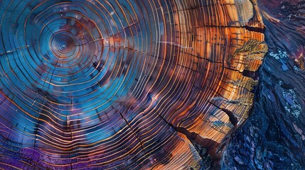 Tree trunk cross-section with colorful, intricate growth rings