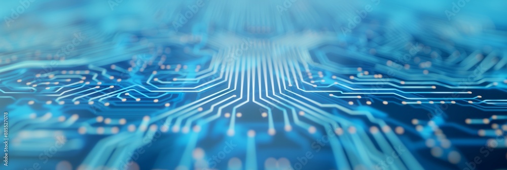 Poster futuristic blue circuit board with glowing lines and microchips, technology concept, high-tech compu