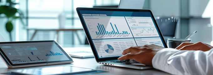
Realistic stock-style high-quality photo of an over-the-shoulder view from the right side, focusing on hands typing at a keyboard and a tablet displaying a digital marketing dashboard with graphs and