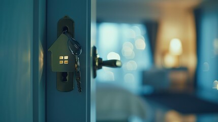 Naklejka premium House key, house-shaped key chain on the door key