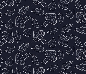 Seamless pattern with leaves and fly agarics, outline.