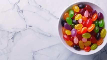 A bowl of assorted colorful jelly beans on a marble background.