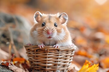 Cute Hamster Posing in a Wicker Basket Amidst Autumn Leaves