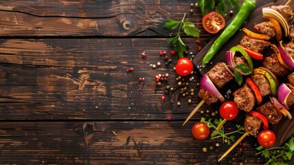 Naklejka premium Grilled kebabs on wooden sticks with vegetables, presented on a rustic wooden table with fresh herbs and spices.