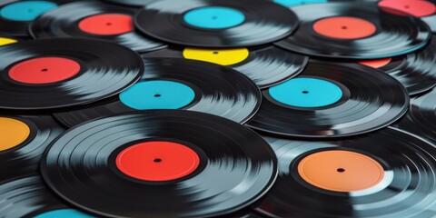 A colorful stack of vintage vinyl records.