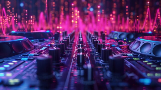 A DJ mixer with glowing purple and pink lights, creating a vibrant and energetic atmosphere.