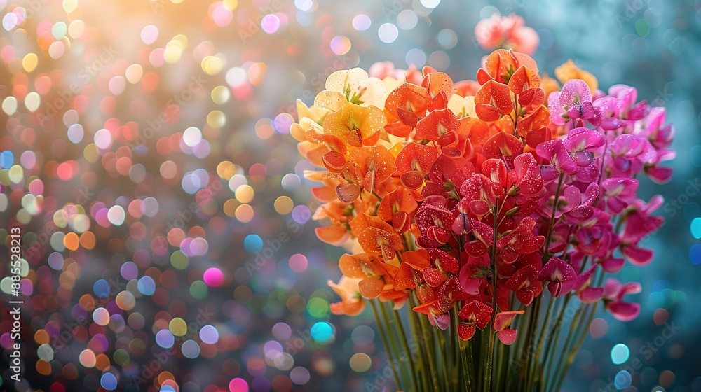 Poster a sharp image of a bouquet of flowers against a colorful light bokeh backdrop