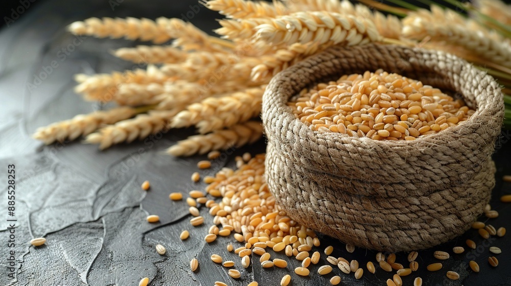 Poster a stack of wheat sits on a table near ears of wheat scattered on the same table