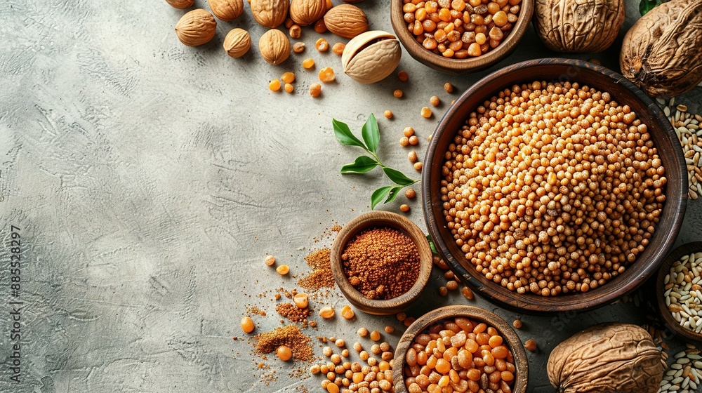 Aufkleber a table topped with bowls filled with various types of nuts, alongside nuts and shells, rests on top