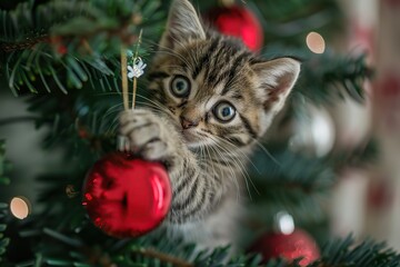 Little Curious Gray White Kitten Plays with Christmas Tree Red Ball. Small Kitty Climbing Fir Tree Festive Decoration. New Year Celebration. Funny Situation with Pets. Domestic Animals During Holidays