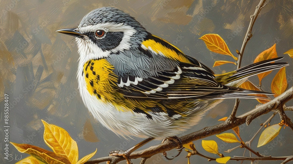 Aufkleber a painting of a bird perched on a tree branch with yellow and gray leaves on its branches and a brow