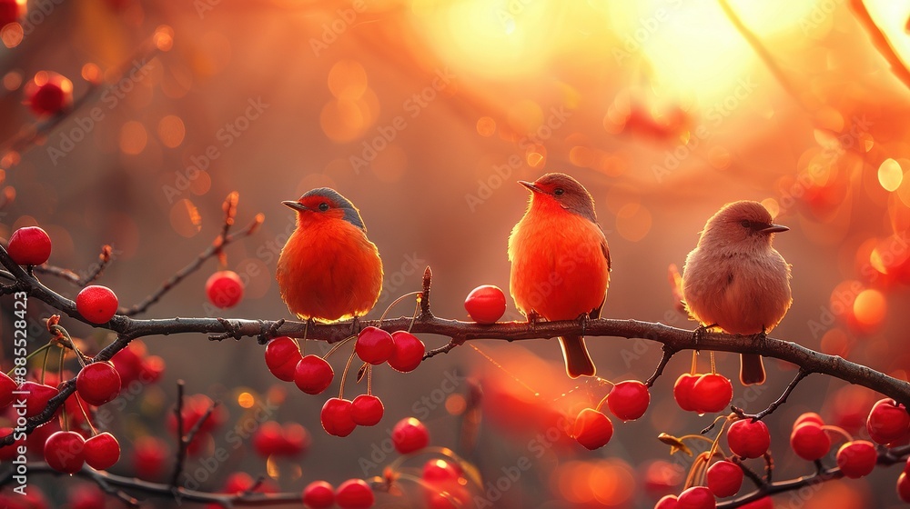 Poster three birds on tree branch with red berries in foreground and sun in background