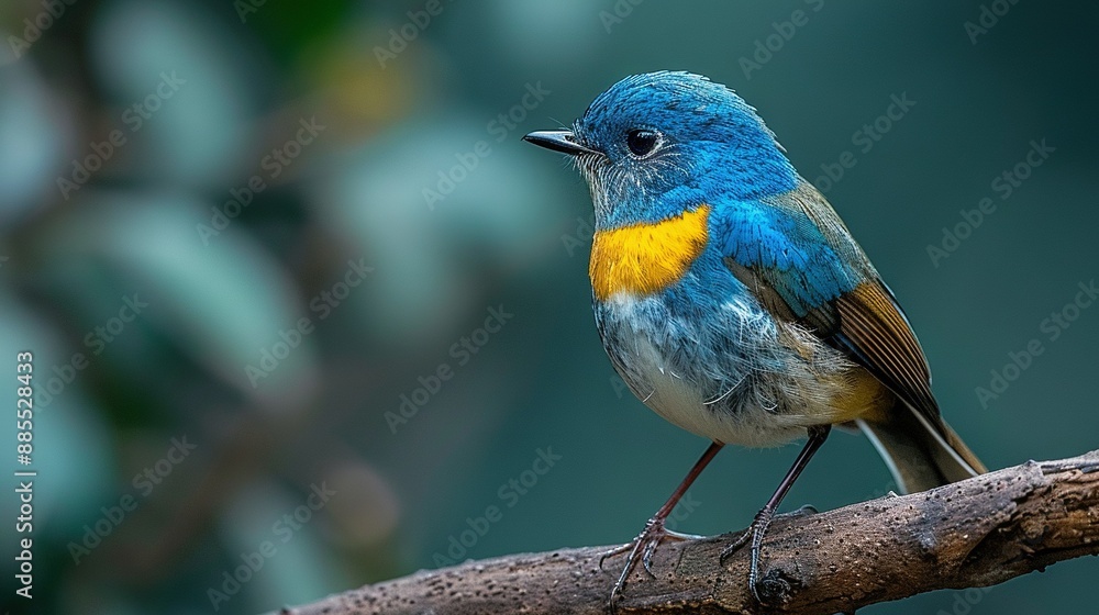 Poster a blue-and-yellow bird perched on a tree branch in sharp focus against a blurred leafy backdrop