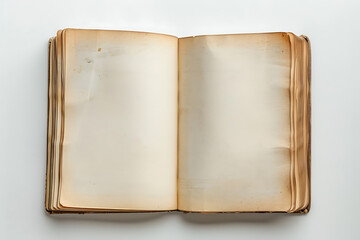 Naklejka premium Opened a book with old antique parchment pages. Top front view of ancient fancy vintage decorative spell book. AI generated