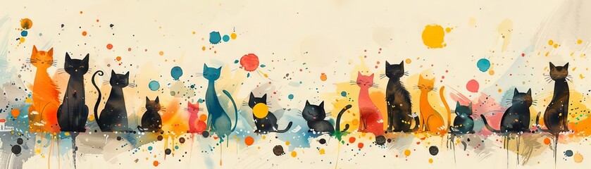 A group of cats in a row on a white background with colorful abstract shapes.