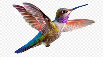 Obraz premium Photograph of a graceful hummingbird hovering in mid-air, its iridescent wings shimmering against a transparent background