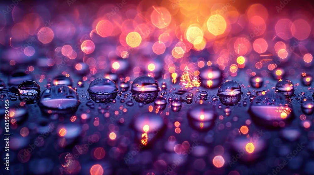 Poster a cluster of water droplets resting on a multi-colored backdrop with hazy background lighting