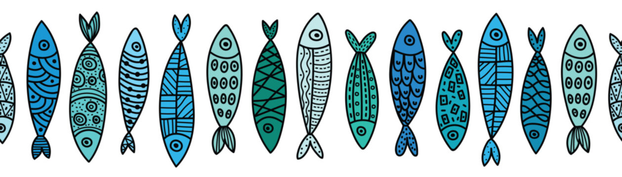 Vector seamless horizontal border with fish. Cute illustration. Sardines.