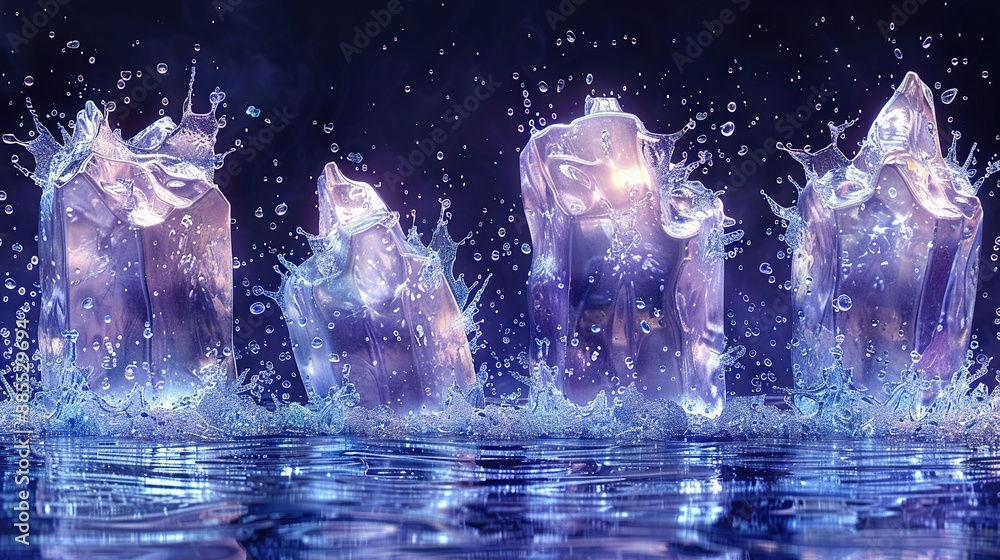 Poster a cluster of ice blocks hovering above a water surface against a black backdrop with gas pockets