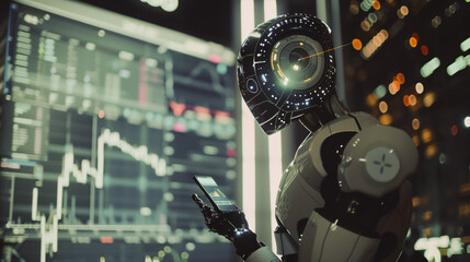 Close-up A humanoid robot professionals are using desktop to work on a project together in the office. Using economic growth charts and network connections to accompany the data. in analyzing future