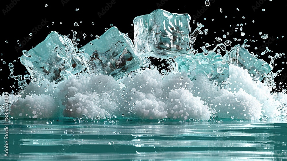 Poster an array of ice cubes bobbing in a body of water alongside numerous bubbles