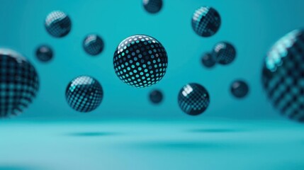 Fototapeta premium Abstract blue background with floating black spheres. Minimalist design with a modern and futuristic feel. Great for technology or design concepts.