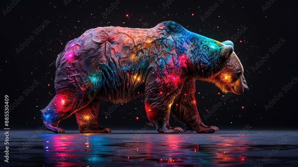 Poster a bear illuminated from behind with multiple lights, its head slightly turned to the side while stan