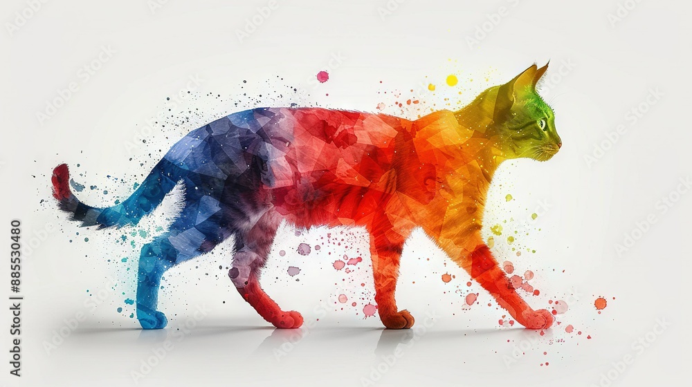 Poster a colorful feline strolling on a stark canvas with myriad tiny specks beneath