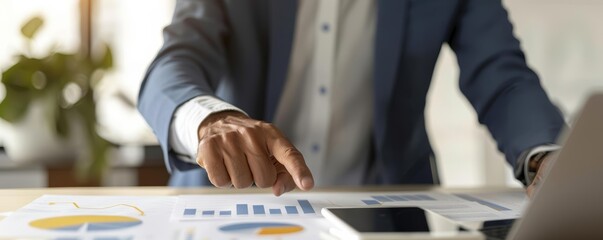 Advisor explaining estate planning strategies, close-up view, pointing at charts, modern office, natural light, high-detail photo-realistic clarity
