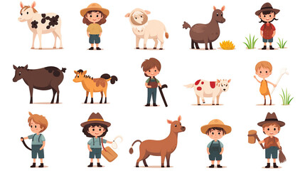 Isolated on a white background are farm animals and children.