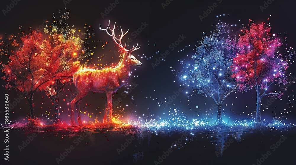 Poster a pair of deer stand beside each other in front of a vibrant forest adorned with an array of colorfu