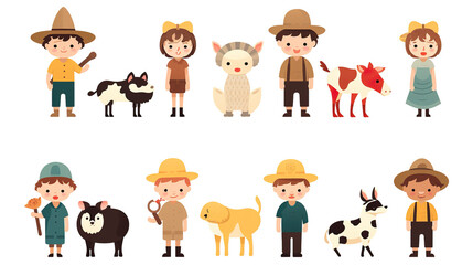 Isolated on a white background are farm animals and children.