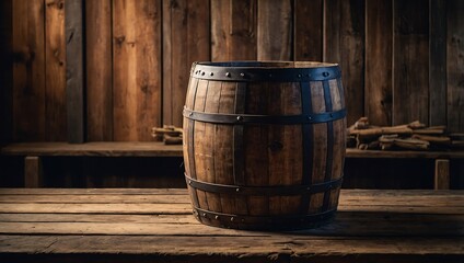 Rustic background featuring a barrel and weathered wooden table
