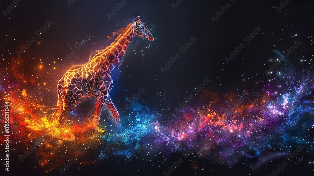 Poster an image of a giraffe in a starlit space with a multicolored backdrop