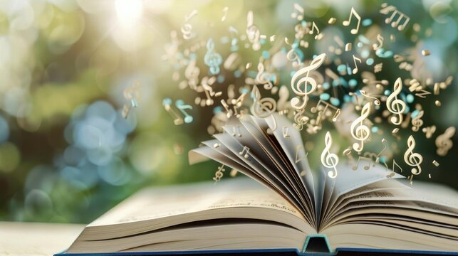 An open book with musical notes swirling out of it, symbolizing the power of music and literature.