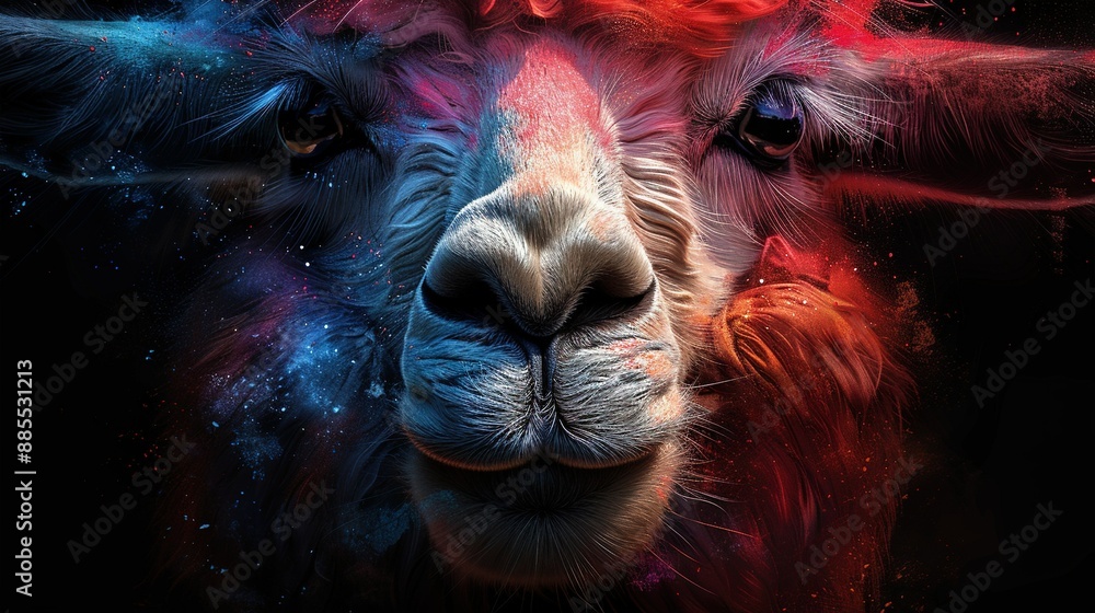 Wall mural close-up of llama face on black background with red, blue, pink colors