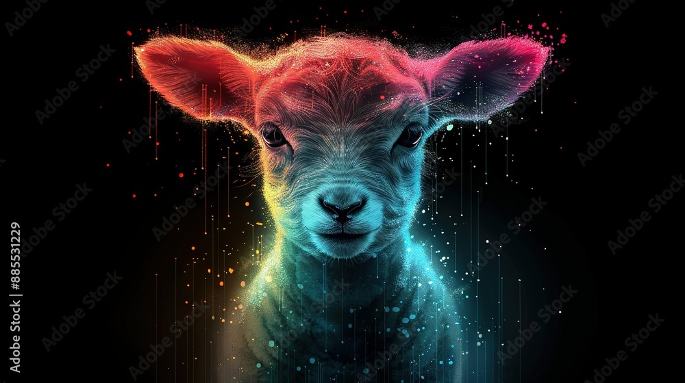 Poster a close-up of a sheep's face on a dark background with multi-colored lights emanating from its ears