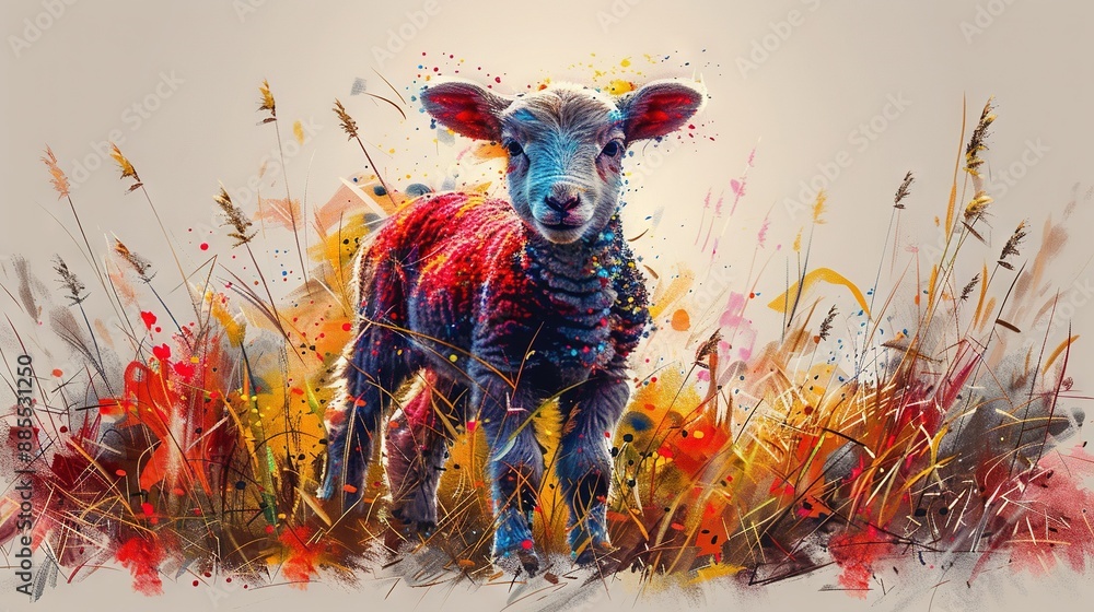 Poster a sheep in a grass field with colorful splatters