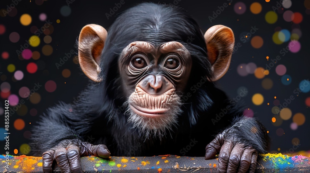 Poster close-up of a monkey on a table with confetti on its face against a black backdrop