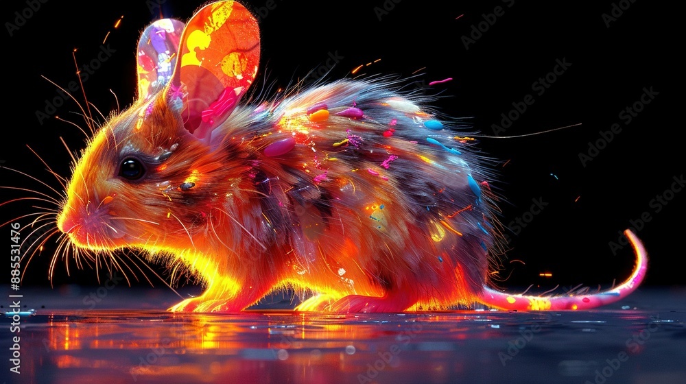 Poster a photo of a multicolored creature resembling a bunny rabbit, with the repeated name rabbit four tim