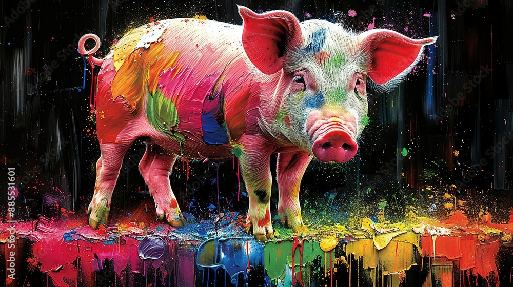 Poster a pig stands in front of a black background with multicolored paint droplets all around it