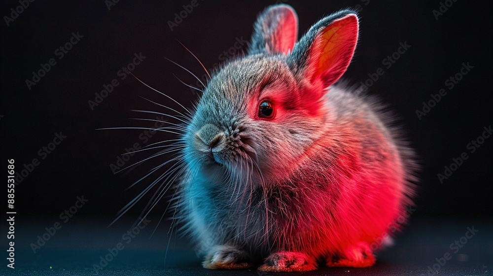 Aufkleber a close-up of a rabbit on a dark background with a red and blue light illuminating its face