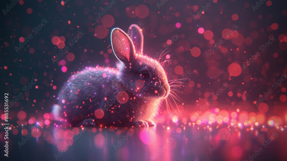 Poster a rabbit sitting on top of a table against a purple and pink background with circles of light surrou