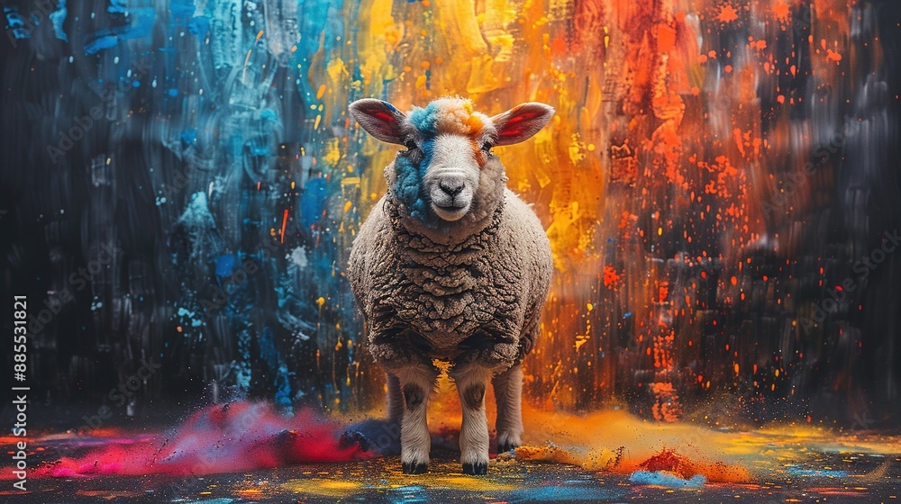 Poster a sheep stands in front of a multicolored backdrop with paint splatters