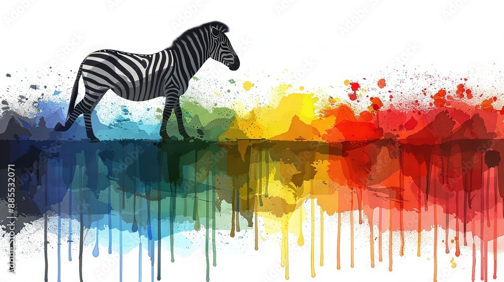 Poster zebra in colorful background with paint splatters on the bottom