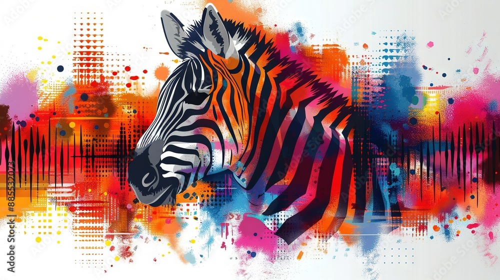 Poster zebra portrait with colorful splatter backdrop