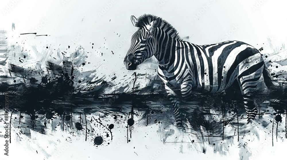 Poster a monochromatic image of a zebra positioned amidst a canvas of splattered paint on a white backdrop