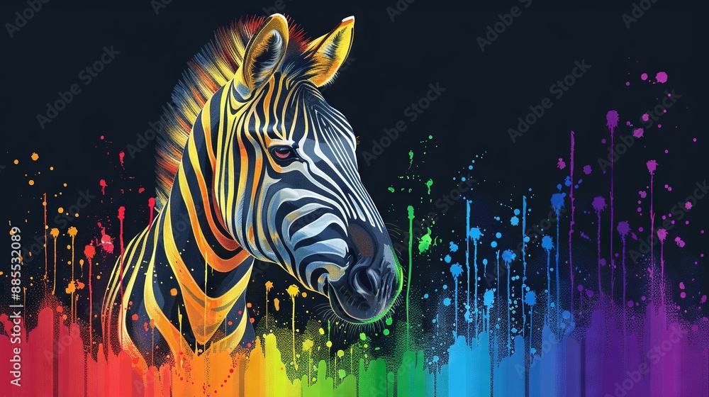 Poster a zebra stands before a multicolored backdrop with paint splatters on its face
